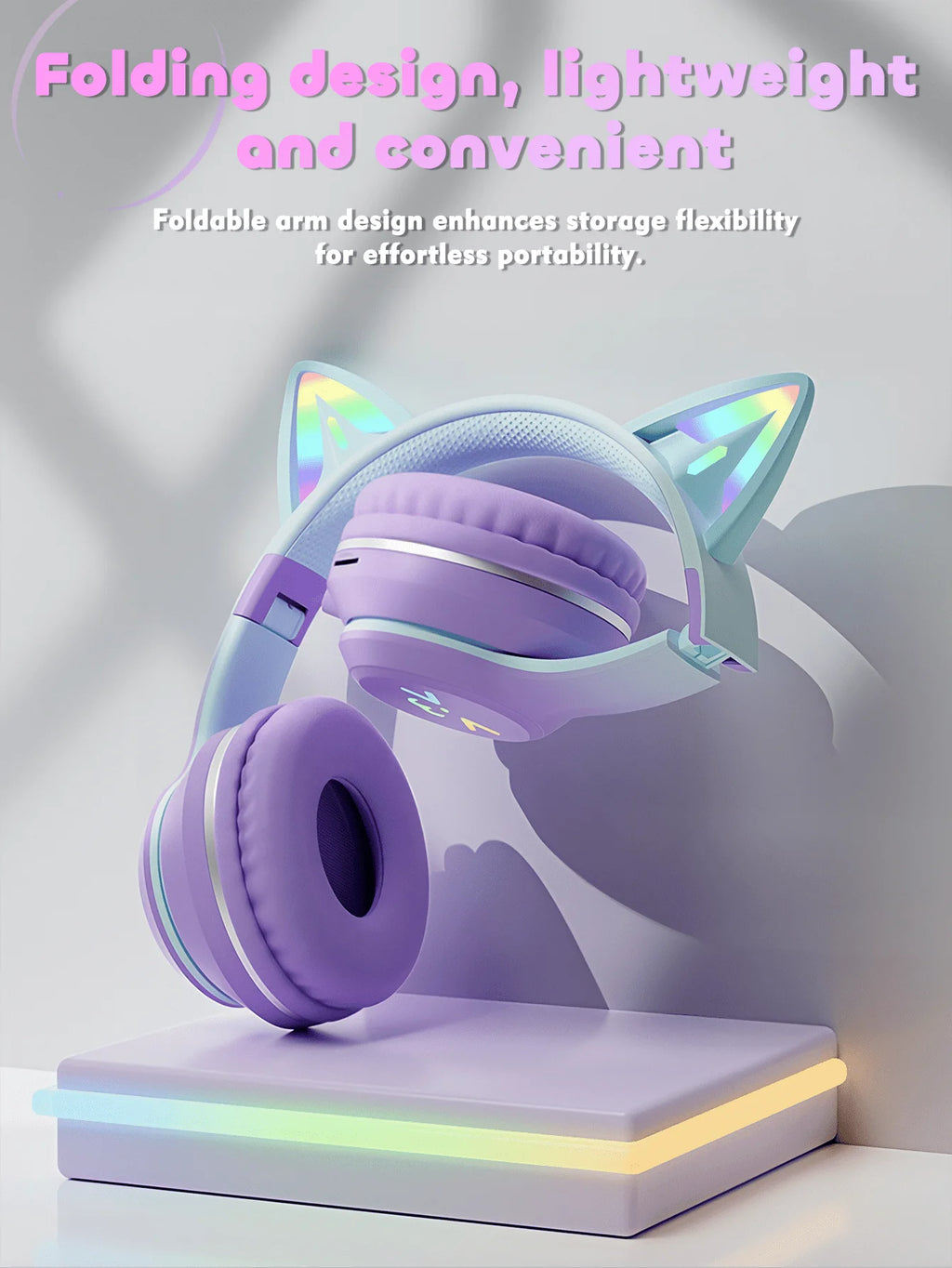 GENAI Wireless Headphones With LED Cat Ear Design, Cute Headset For Girls And Teenagers, Suitable For Music, Gaming, Video And Daily Use