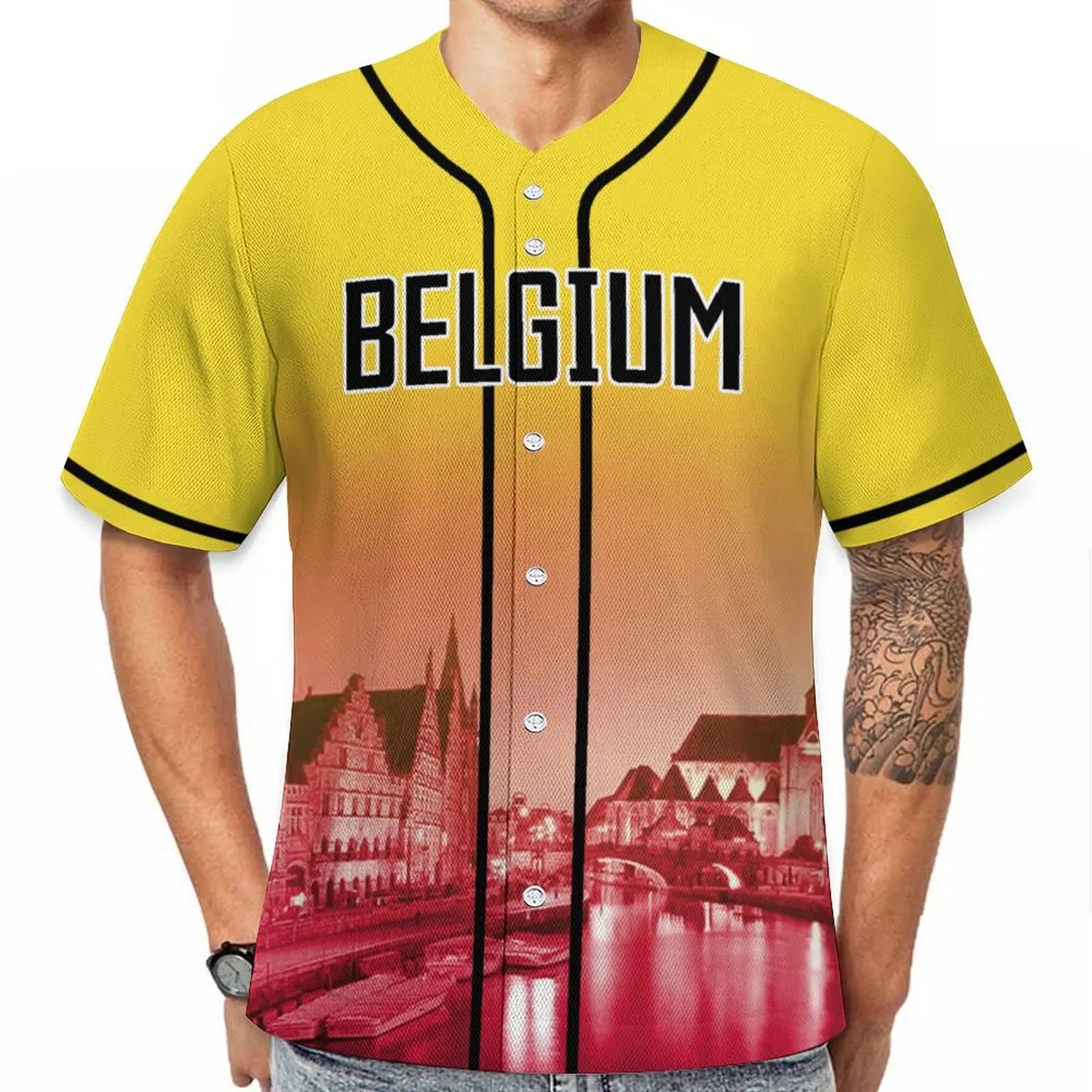 Men's Belgium Custom Baseball Jersey Personalized Name Number Comfort Shirt with City Night View for Baseball Fans Gift