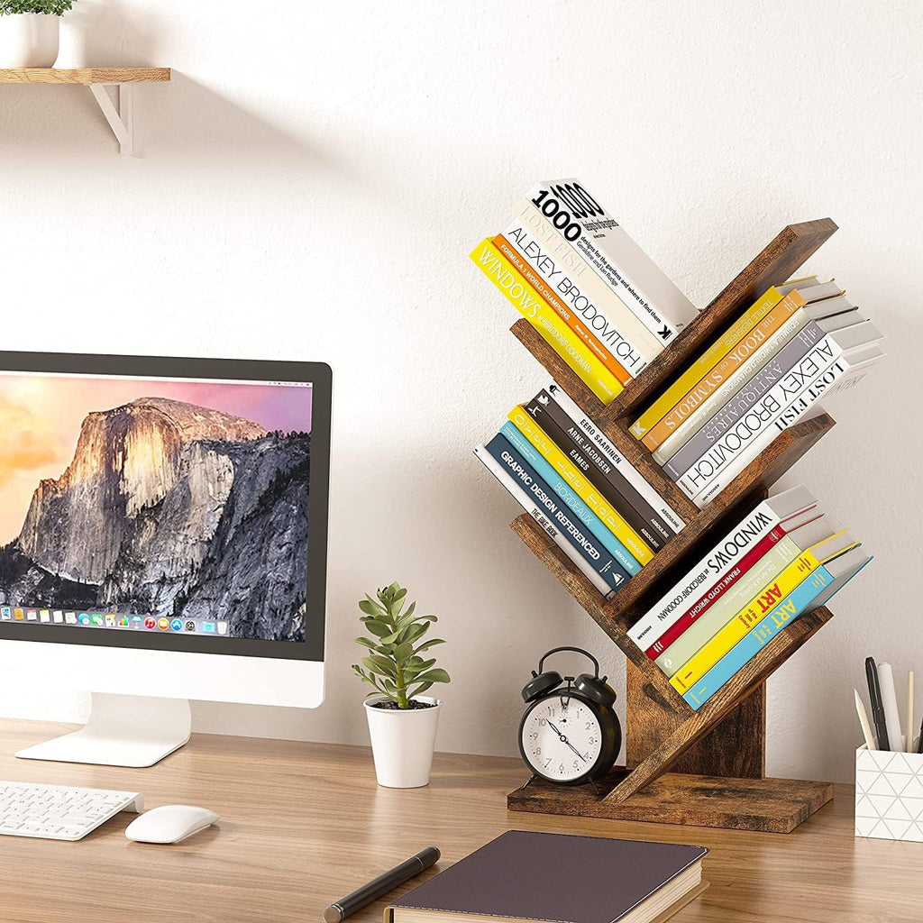 4 Tier Tree Bookshelf, 4 Shelf Bookcase, Modern Book Storage, Free Standing Tree Bookcase, Utility Organizer Shelves for Home Office, Living Room, Bedroom, Rustic Brown