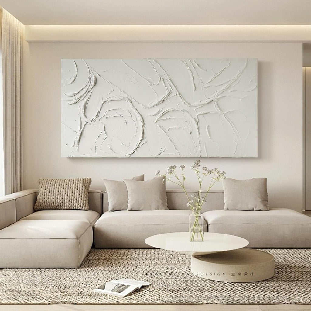 Abstract White Textured Wall Art 58x29 Inches Handmade