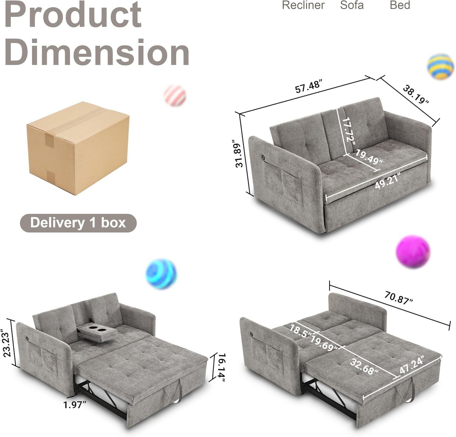 57 Inch Convertible Sofa Bed With USB Charging Ports Grey