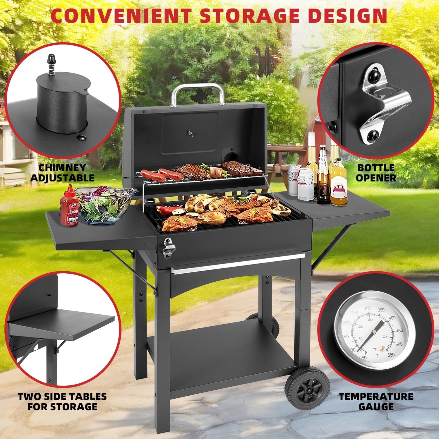 Charcoal Grill With Side Shelf Outdoor 353 Square Inches Grill Area