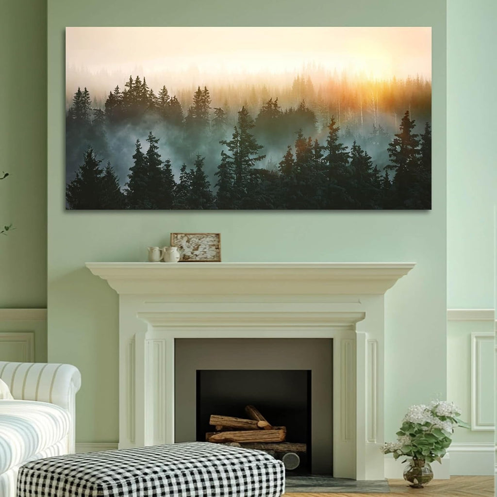 Framed Canvas Art Sunrise Forestscape Panoramic 48x24