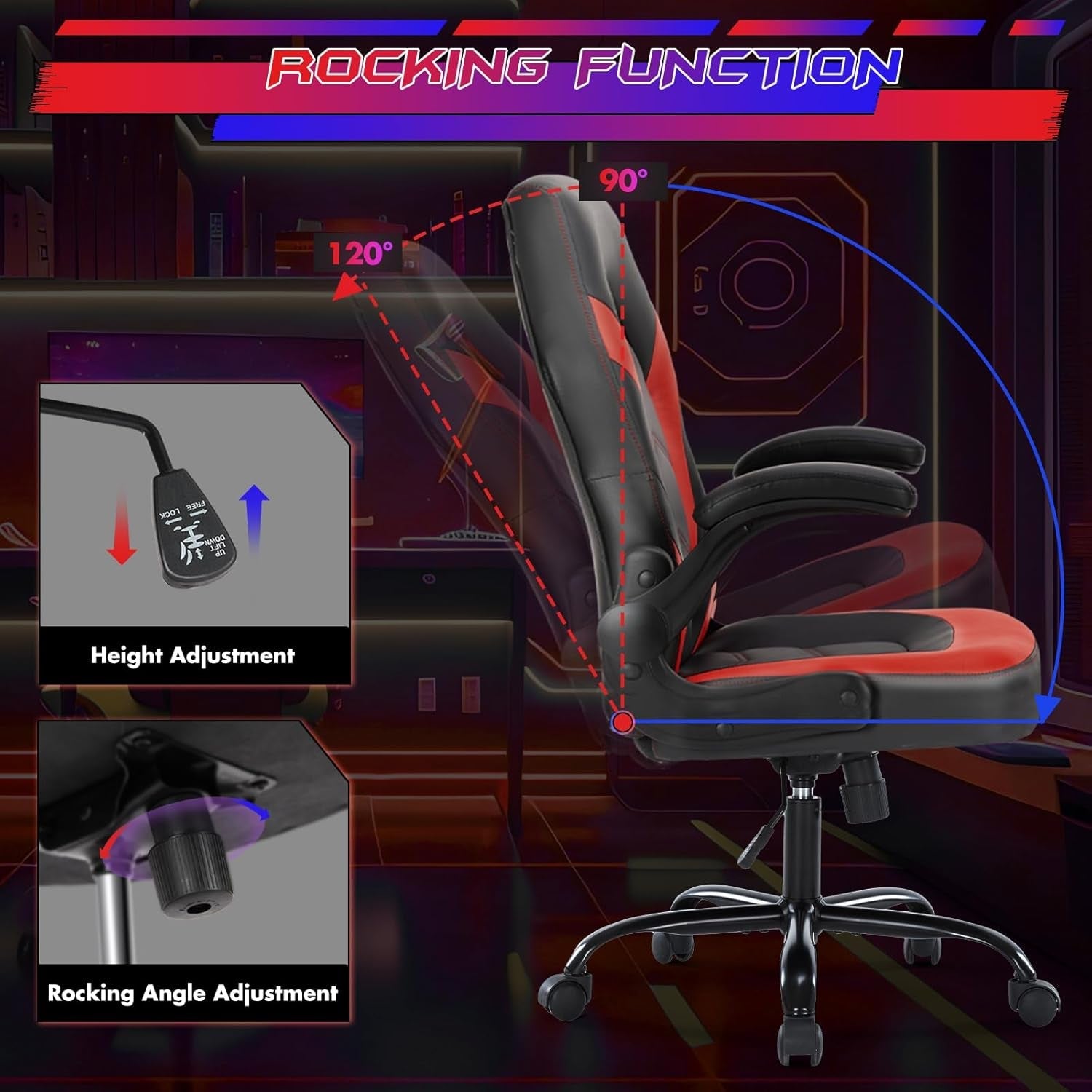 Black Red Leather Gaming Chair With Flip Up Armrests