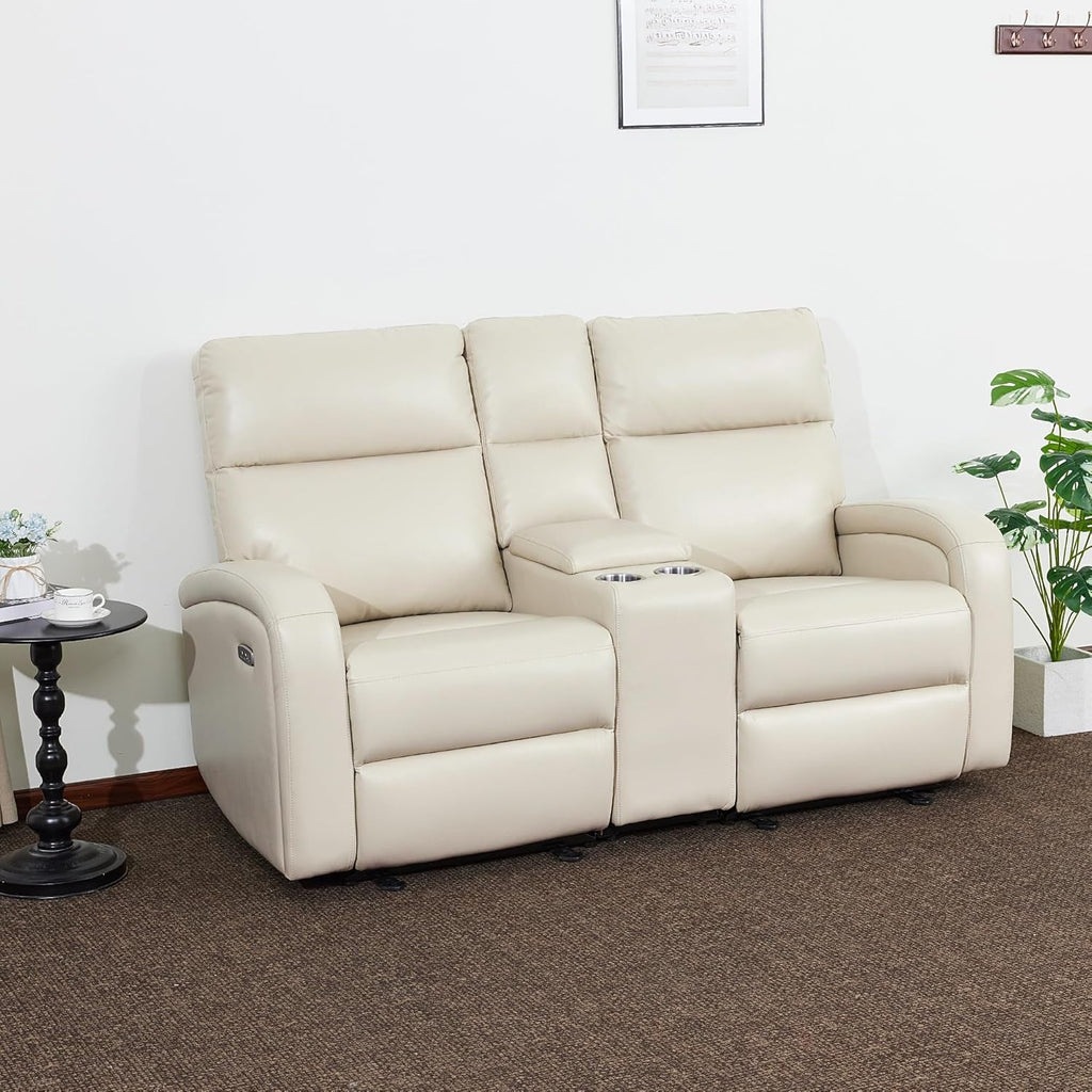 65.7 Inch Power Wall Hugger Recliner Loveseat With Console USB Type C Ports Beige