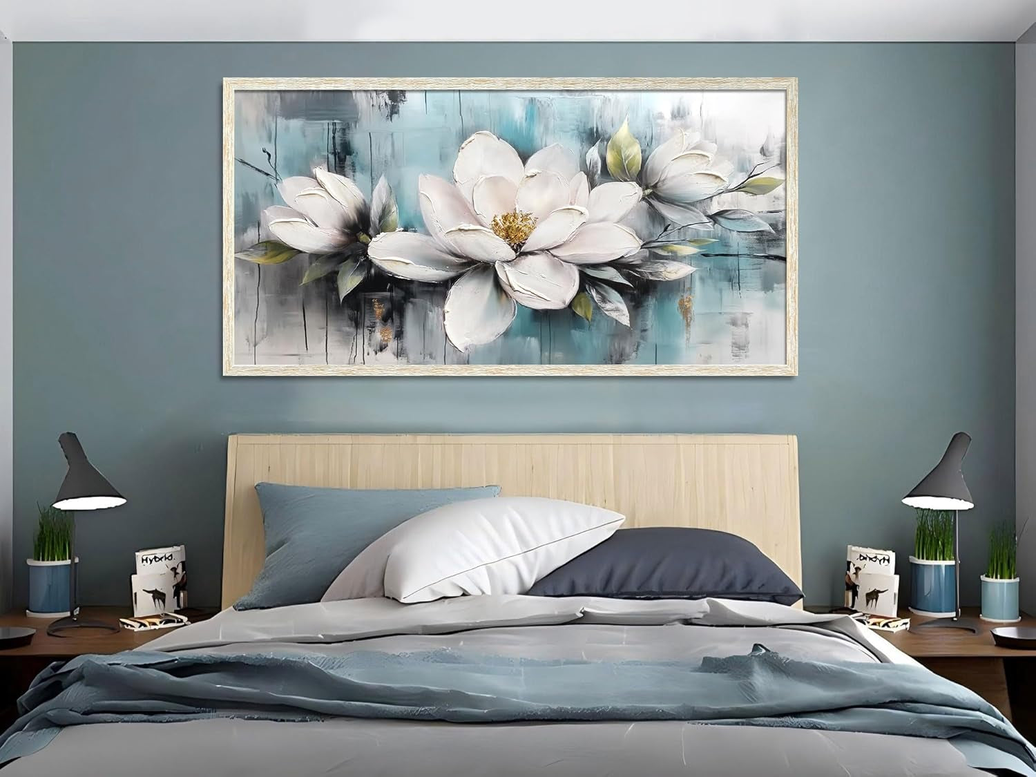 Framed Magnolia Wall Art 40x20 MoonstoneTeal Textured