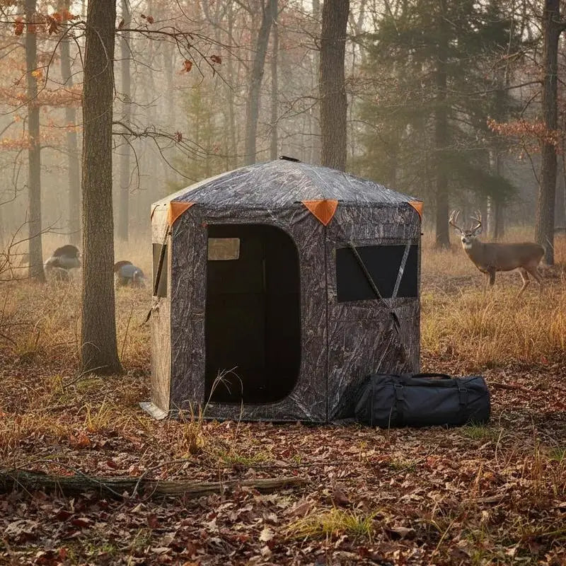 Portable Camouflage Enclosure 100x100x80 inches For Turkey Hunting Deer Archery Outdoor Photography, Silent Zipper Reinforced Frame Durable Ground Shelter Carrying Bag Included High Capacity Design Multi Window Visibility Outdoor Concealment Hub