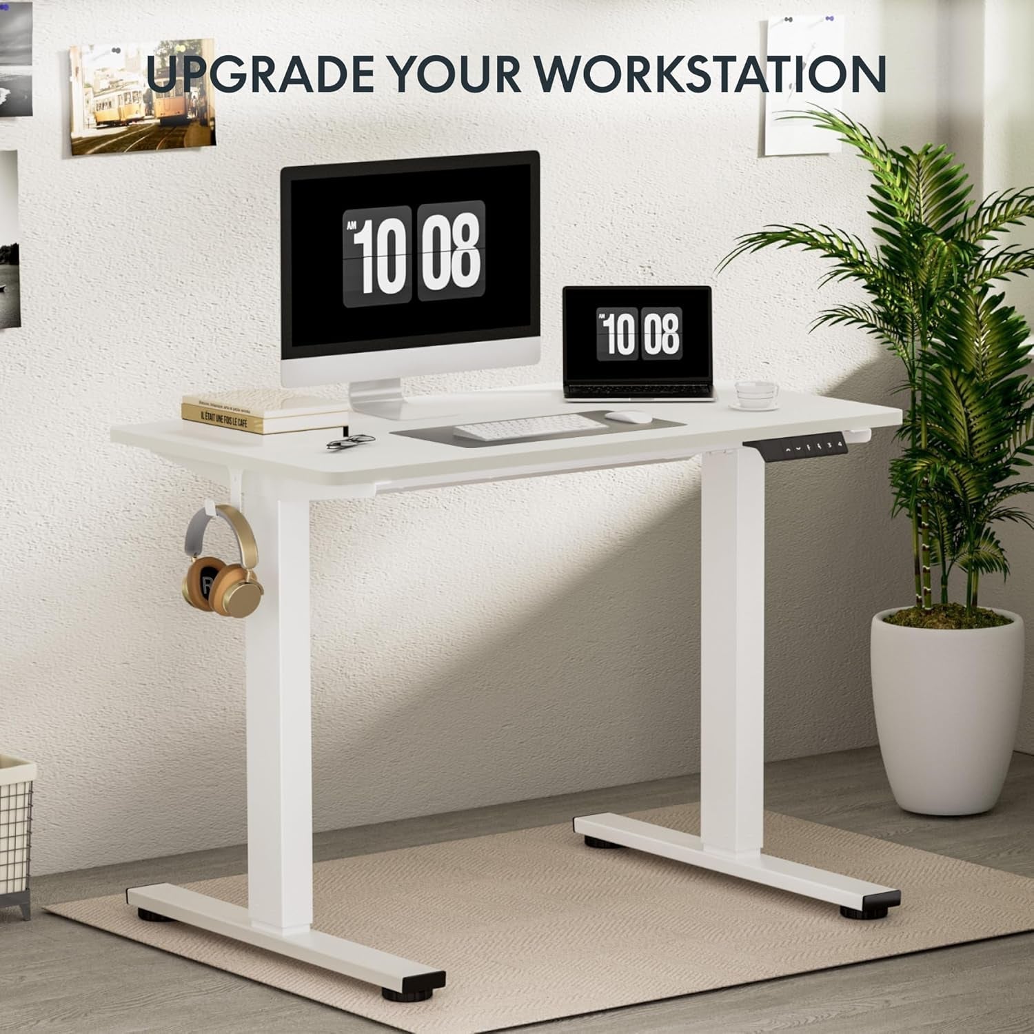 EN1 Whole-Piece White Standing Desk 48 X 24 Inches Desk Board Electric Stand up Desk Height Adjustable Desk for Home Office(White Frame + White Top)