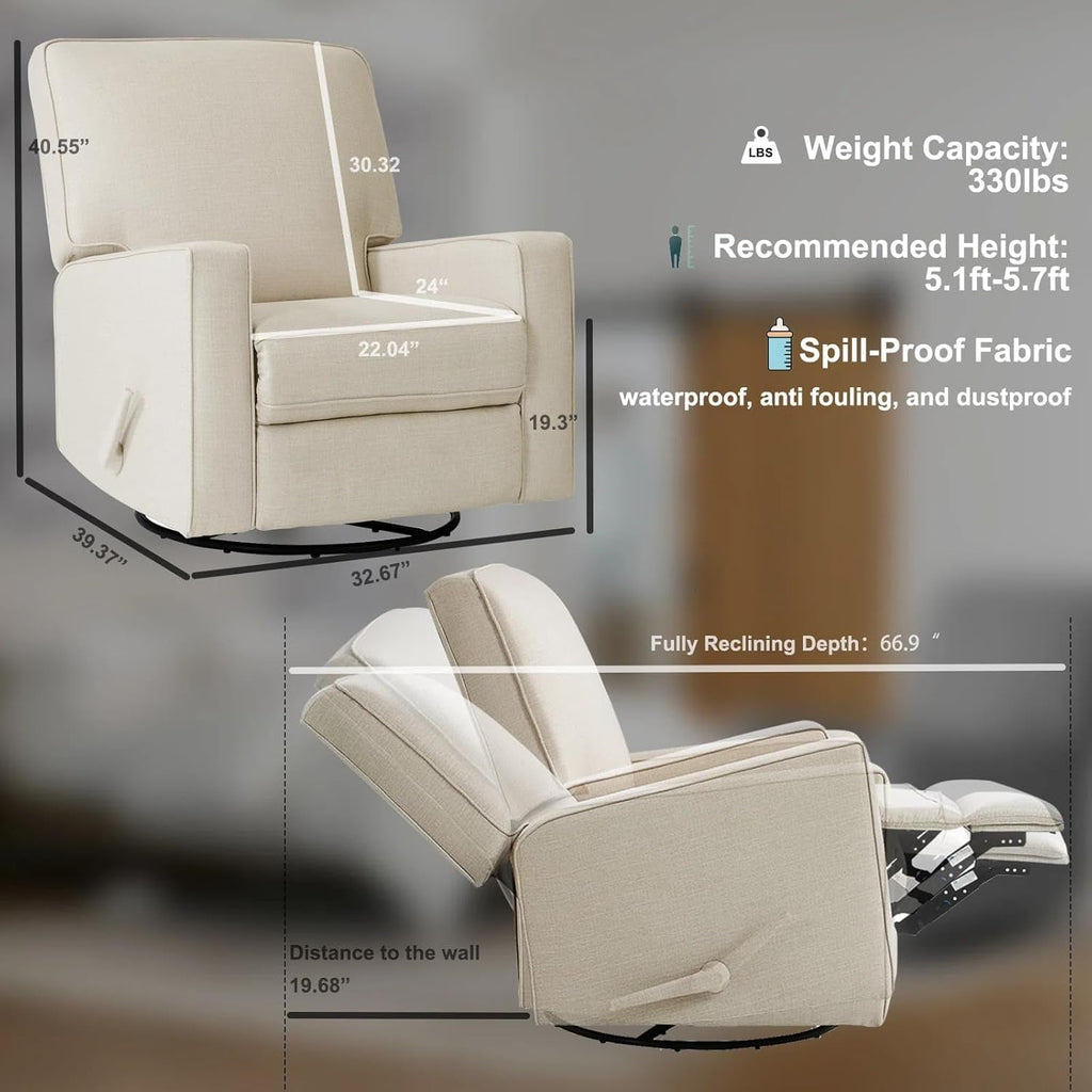 Beige Fabric Swivel Rocker Recliner Armchair DeepSeat