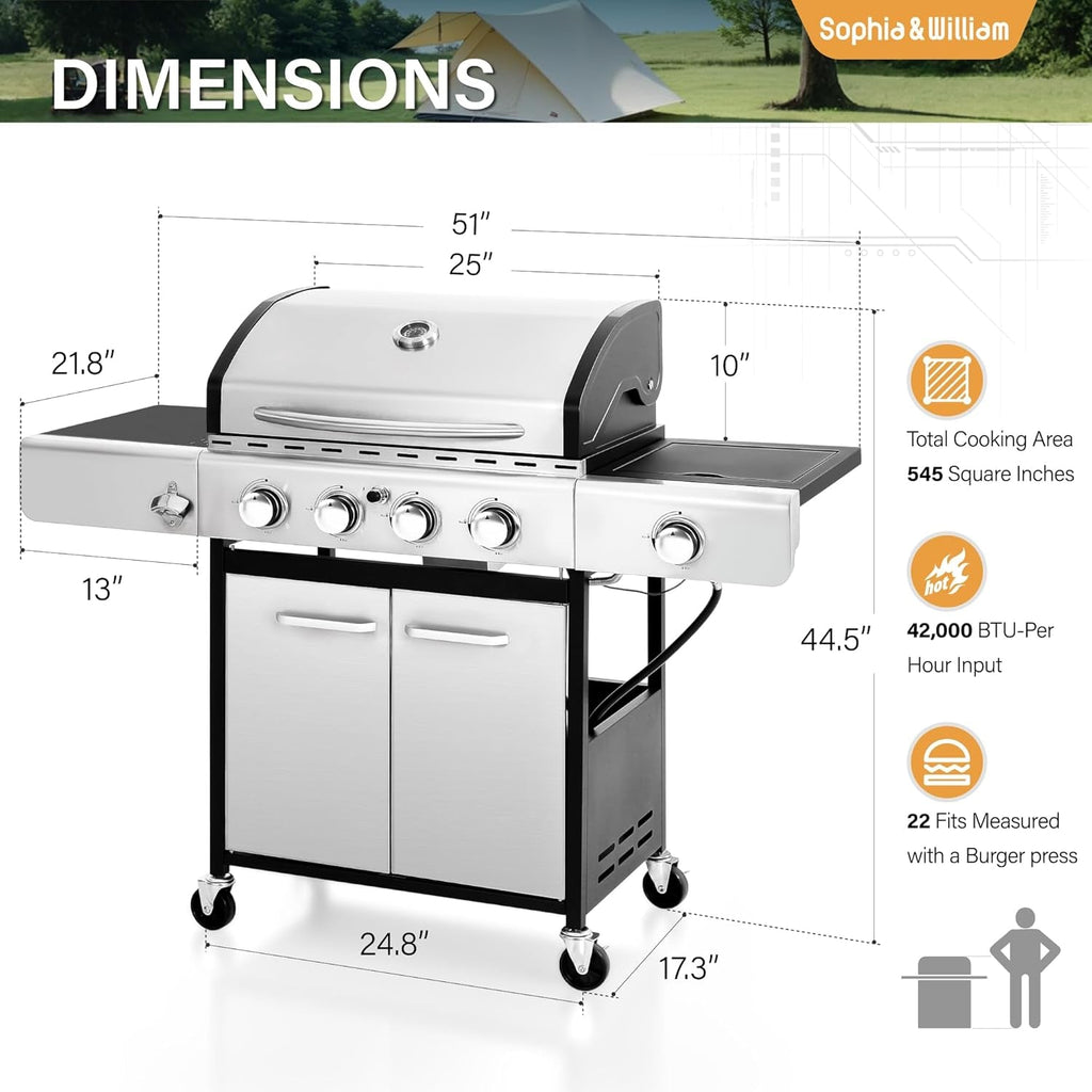 4-Burner Propane Gas BBQ Grill with Side Burner and Porcelain-Enameled Cast Iron Grates, Stainless Steel Barbecue Grills Outdoor Cooking, Silver Cabinet Style, 42,000 BTU
