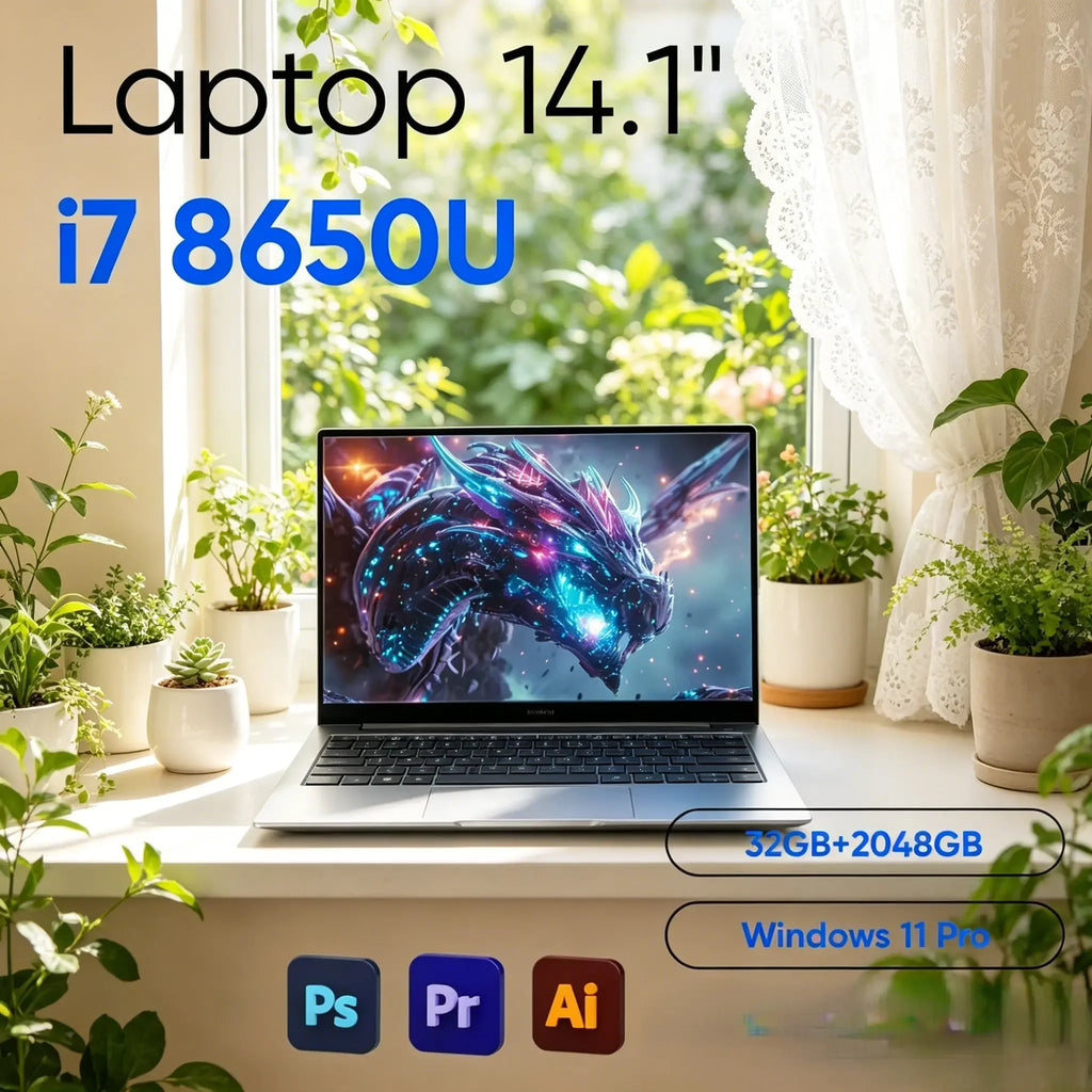 14.1‑Inch Ultra‑Portable Slim Laptop, Powered by Intel Core I7‑8650U, Pre‑Installed Windows 11 Pro, 32GB High‑Speed RAM, 2TB M.2