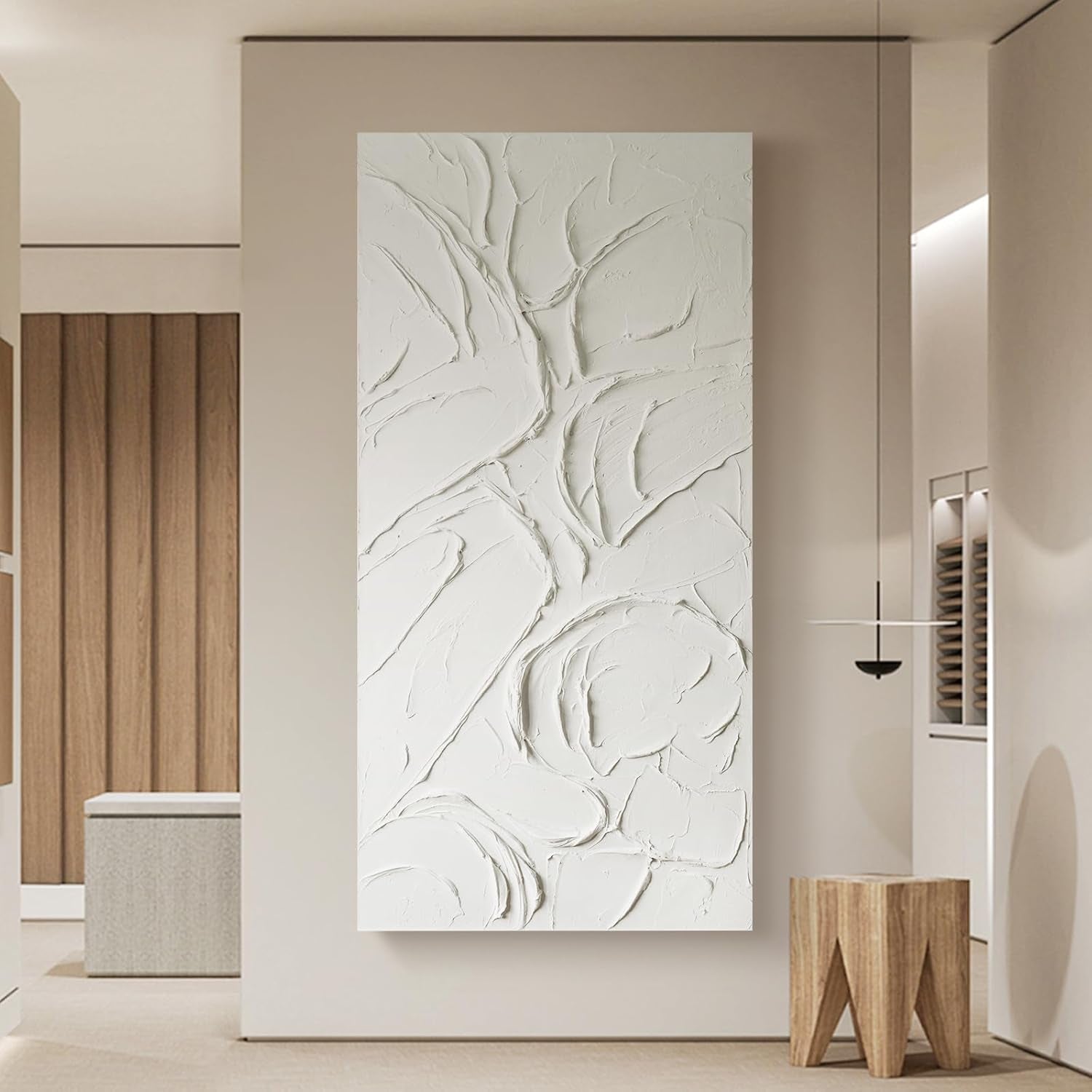 Abstract White Textured Wall Art 58x29 Inches Handmade