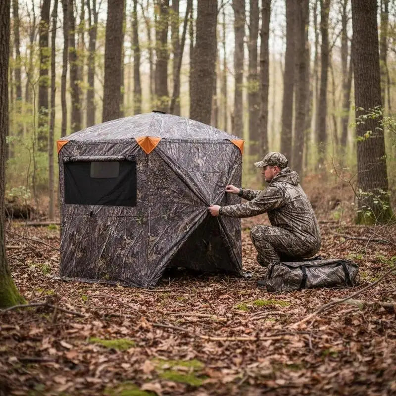 Portable Camouflage Enclosure 100x100x80 inches For Turkey Hunting Deer Archery Outdoor Photography, Silent Zipper Reinforced Frame Durable Ground Shelter Carrying Bag Included High Capacity Design Multi Window Visibility Outdoor Concealment Hub