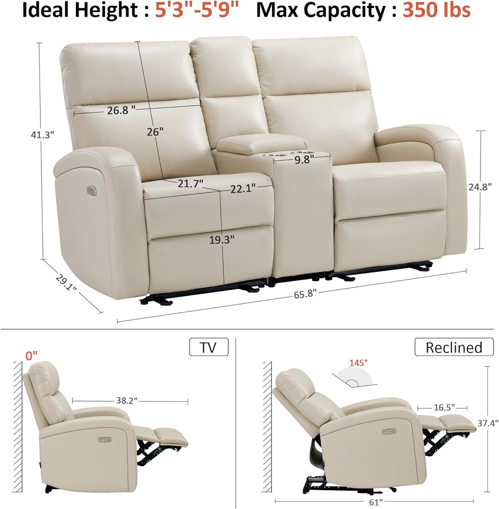 65.7 Inch Power Wall Hugger Recliner Loveseat With Console USB Type C Ports Beige
