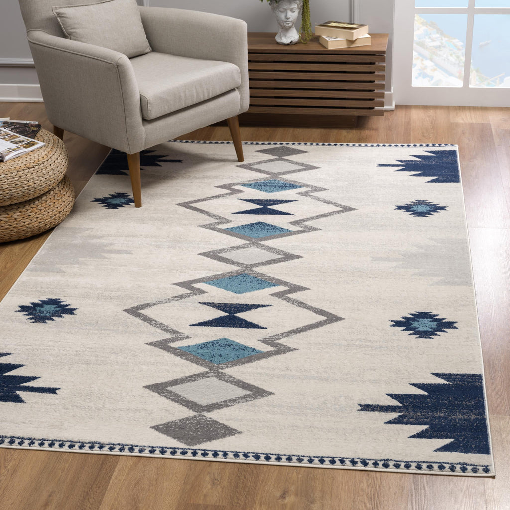 8' X 10' Blue and Ivory Southwestern Area Rug