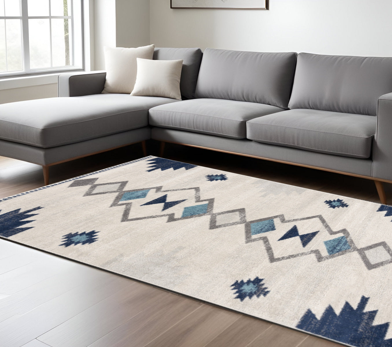 8' X 10' Blue and Ivory Southwestern Area Rug