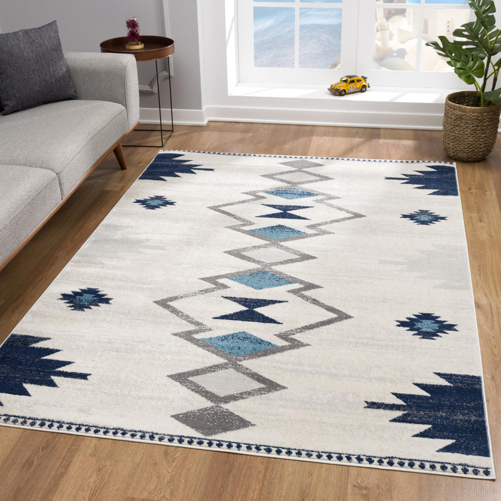 8' X 10' Blue and Ivory Southwestern Area Rug