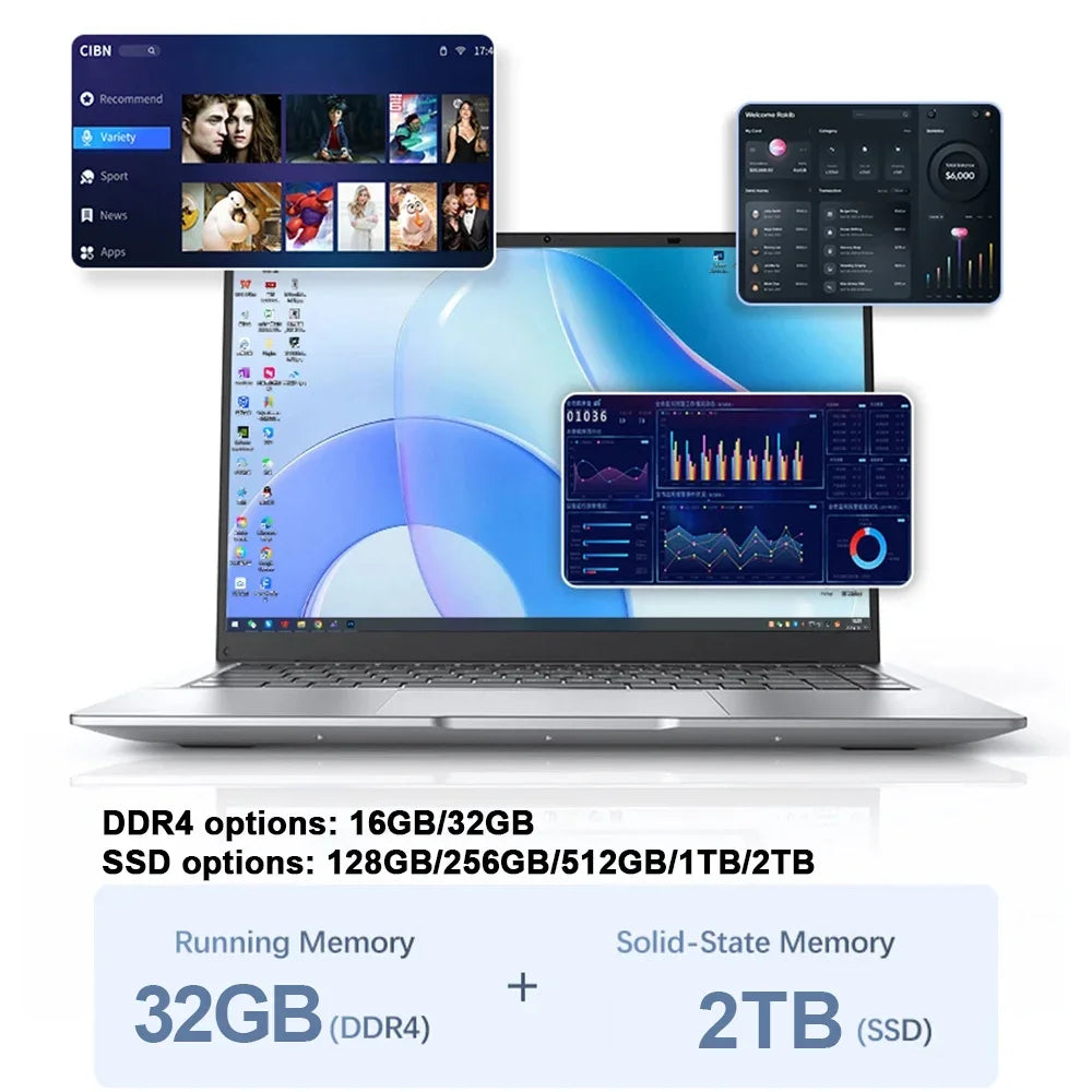 2026 New 14.1 Inch Ultra Thin Laptop Intel N95 Win11 DDR4 16/32GB RAM 2TB SSD Portable Business Student Notebook