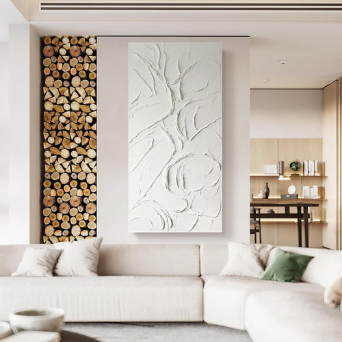Abstract White Textured Wall Art 58x29 Inches Handmade