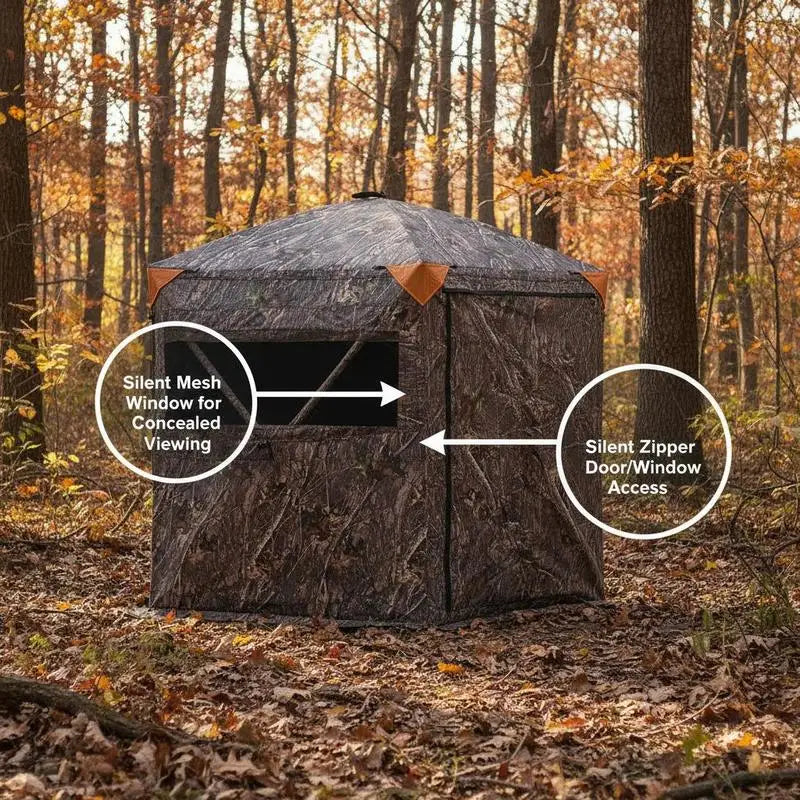 Portable Camouflage Enclosure 100x100x80 inches For Turkey Hunting Deer Archery Outdoor Photography, Silent Zipper Reinforced Frame Durable Ground Shelter Carrying Bag Included High Capacity Design Multi Window Visibility Outdoor Concealment Hub