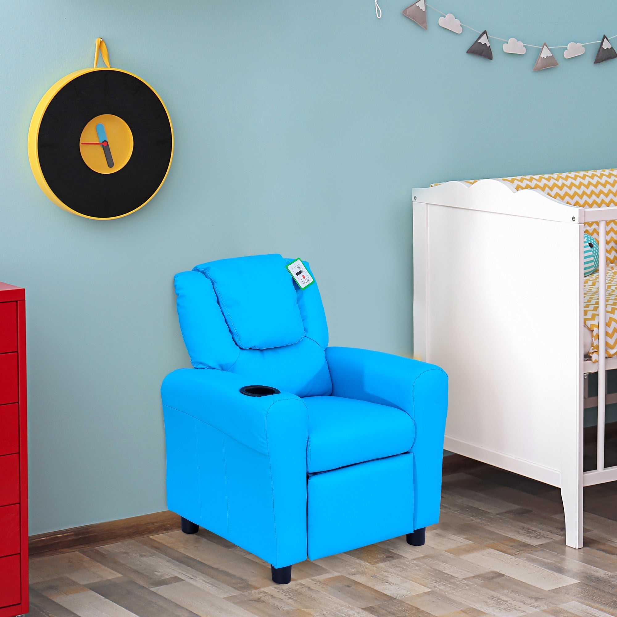 Childrens Recliner Armchair with Cup Holder - Blue PU Leather