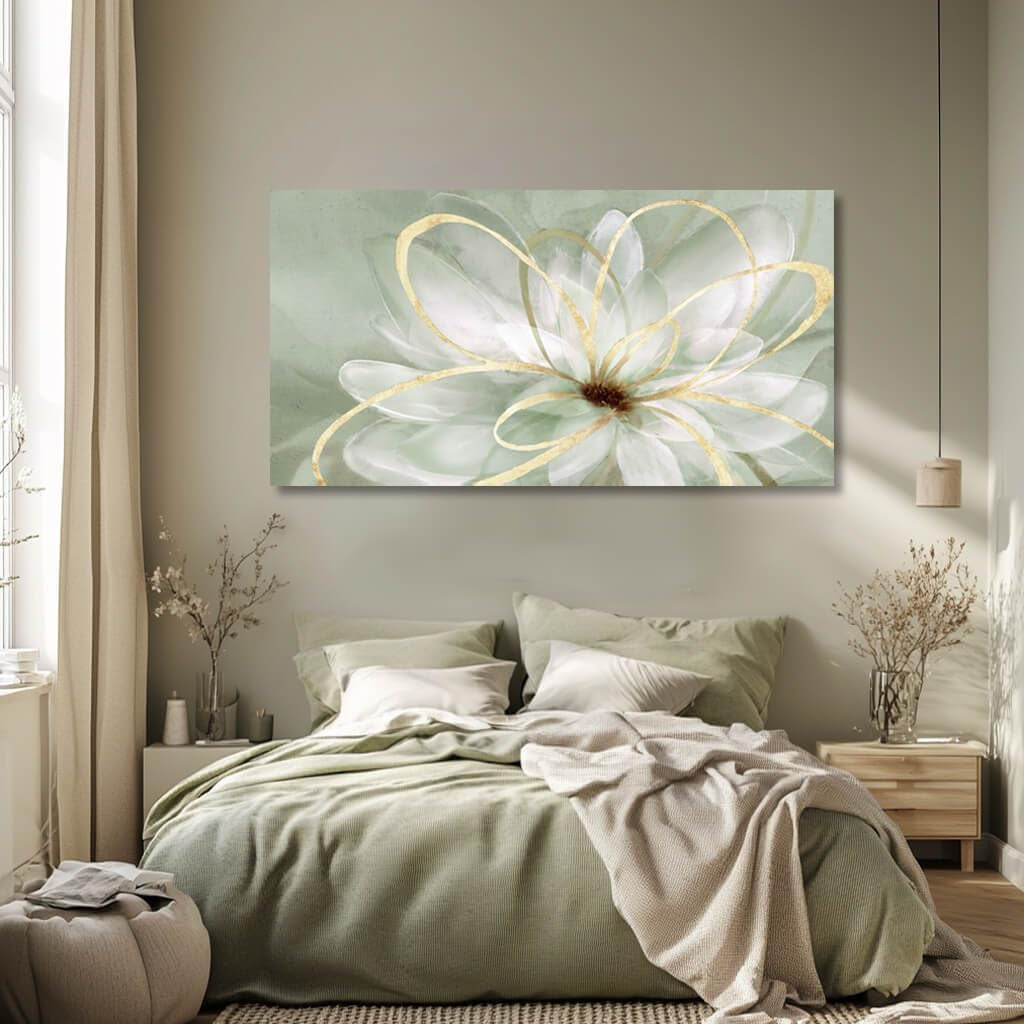 White Blossom GoldLine Wall Art Canvas 29X58 Inches
