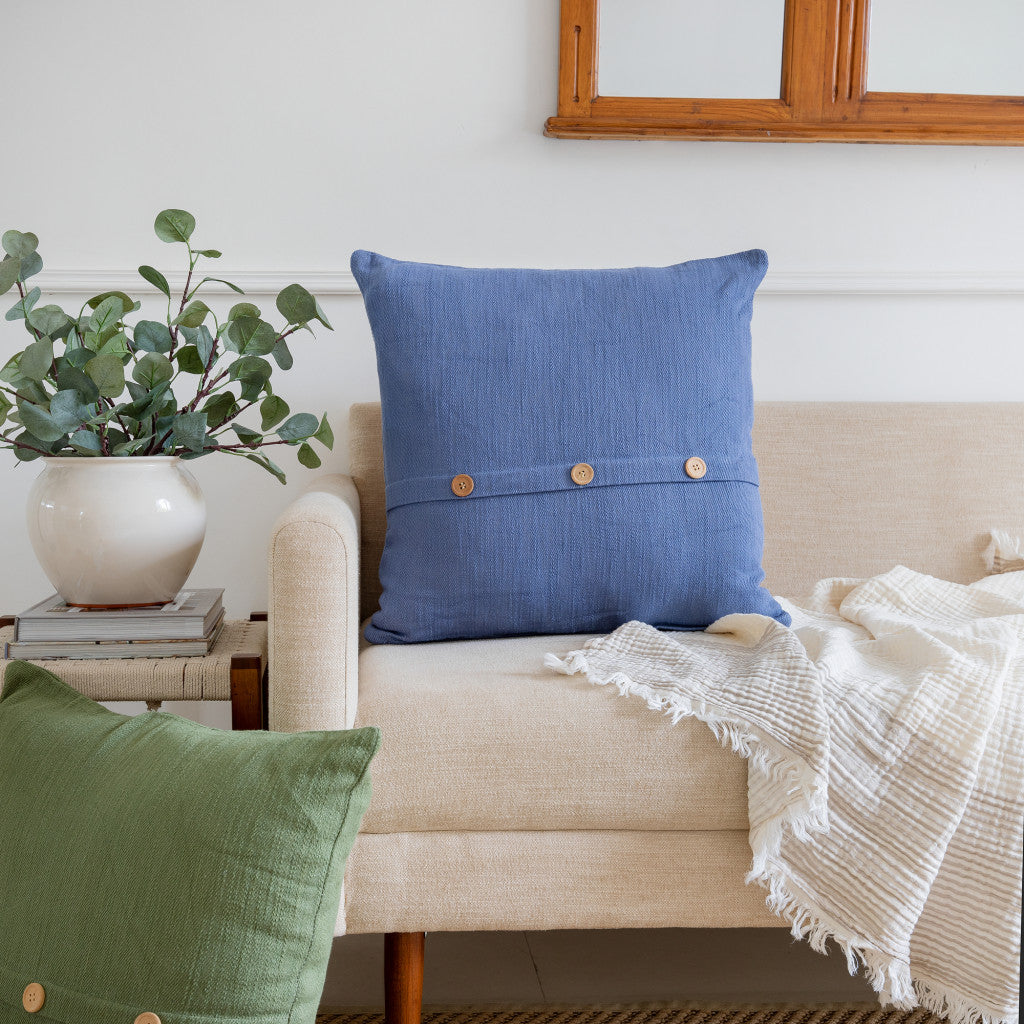 20" Blue Cotton Throw Pillow With Buttons