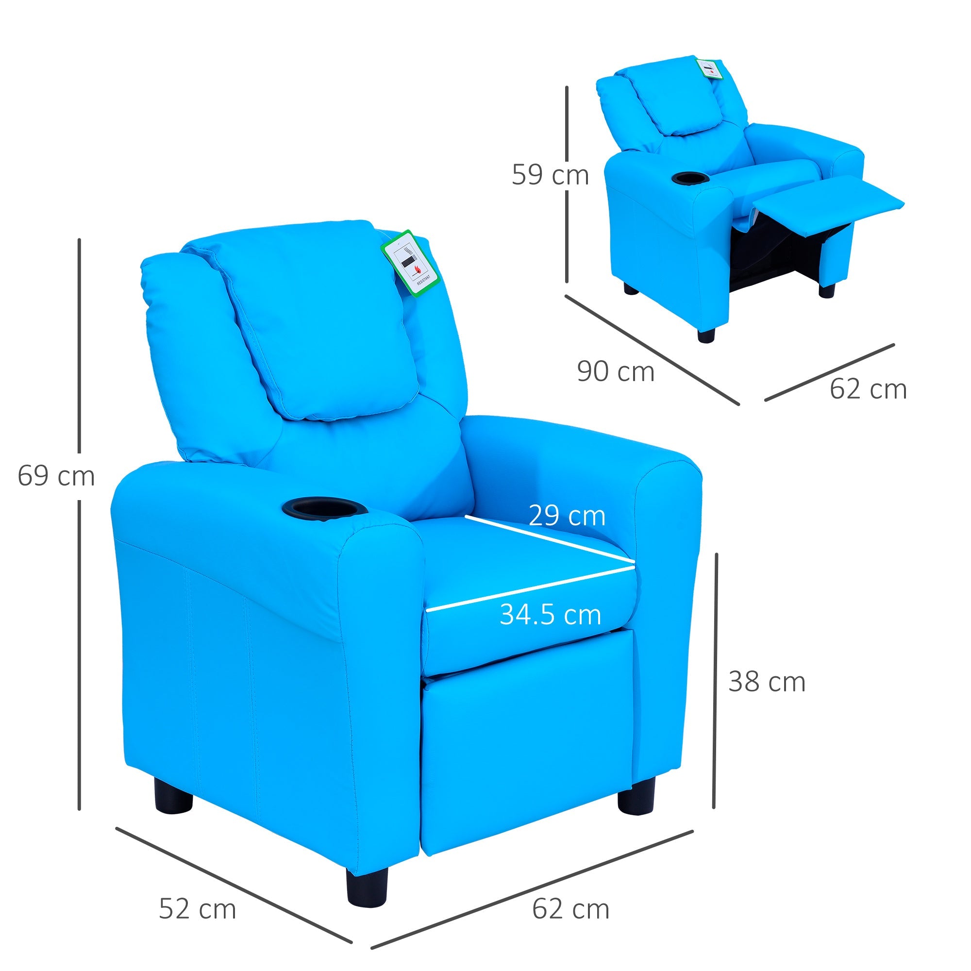 Childrens Recliner Armchair with Cup Holder - Blue PU Leather