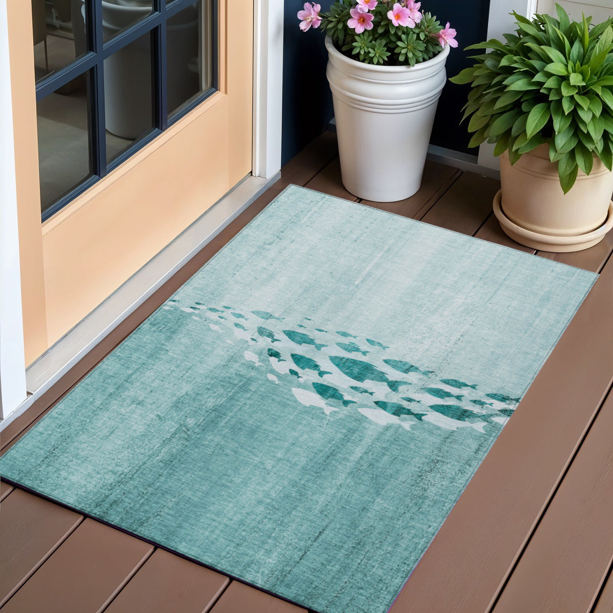 3' X 5' Teal Blue Aqua And Ivory Nautical Washable Indoor Outdoor Area Rug