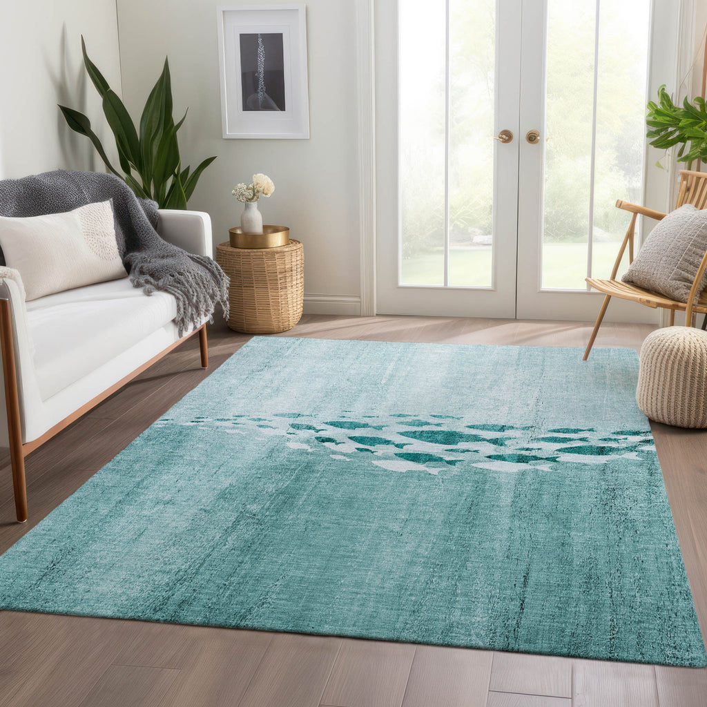 3' X 5' Teal Blue Aqua And Ivory Nautical Washable Indoor Outdoor Area Rug
