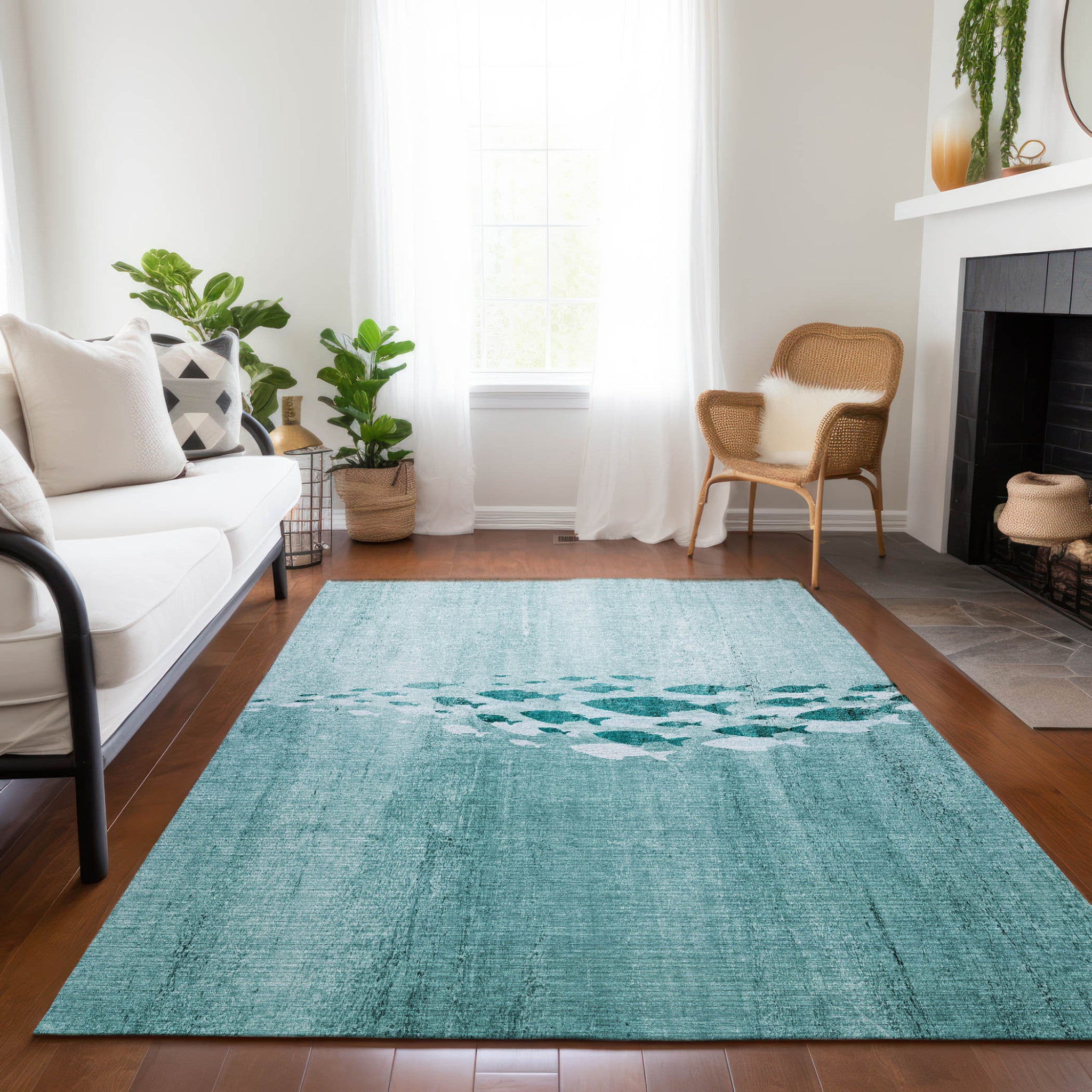 3' X 5' Teal Blue Aqua And Ivory Nautical Washable Indoor Outdoor Area Rug