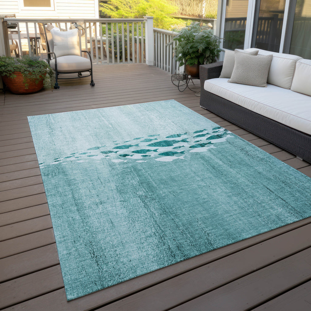 3' X 5' Teal Blue Aqua And Ivory Nautical Washable Indoor Outdoor Area Rug