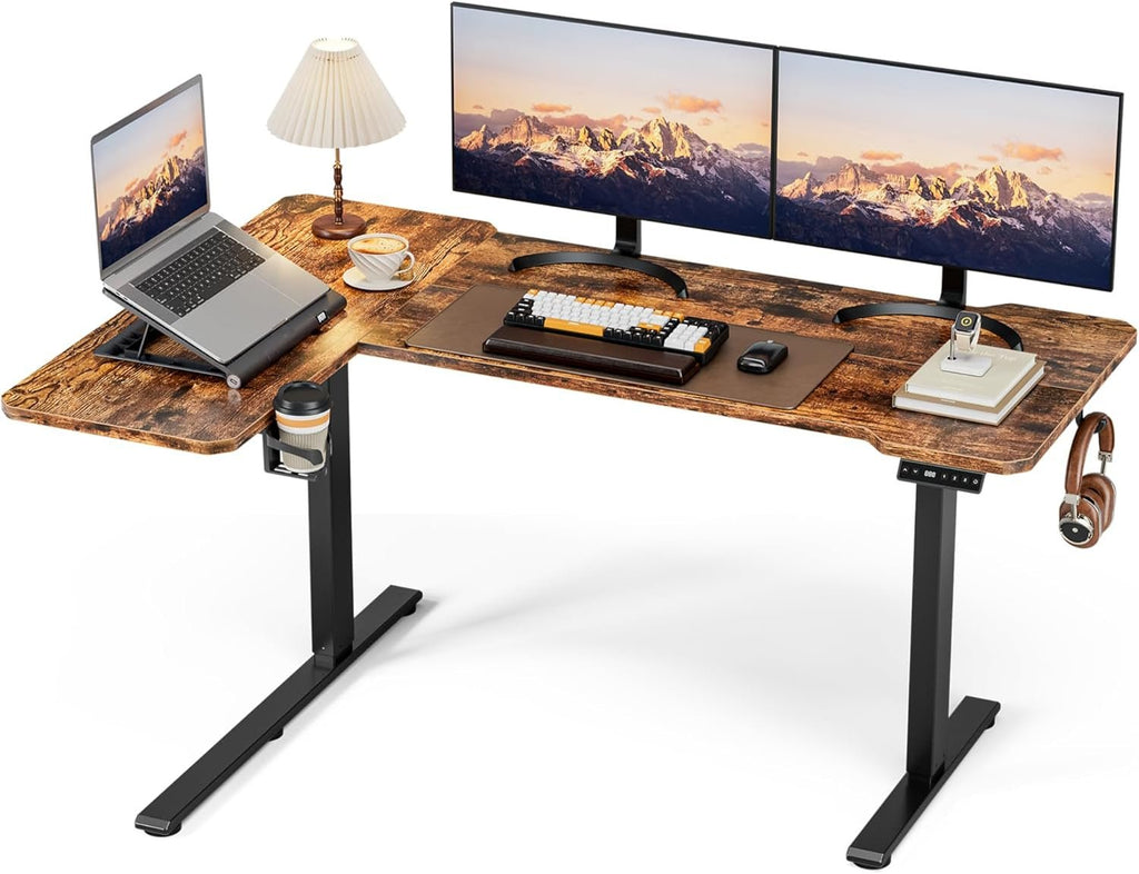 59" Reversiable L-Shaped Electric Standing Desk Adjustable Height Gaming Stand up Corner Desk Sit Stand Home Office Computer Desk with Splice Board,Rustic Brown Top