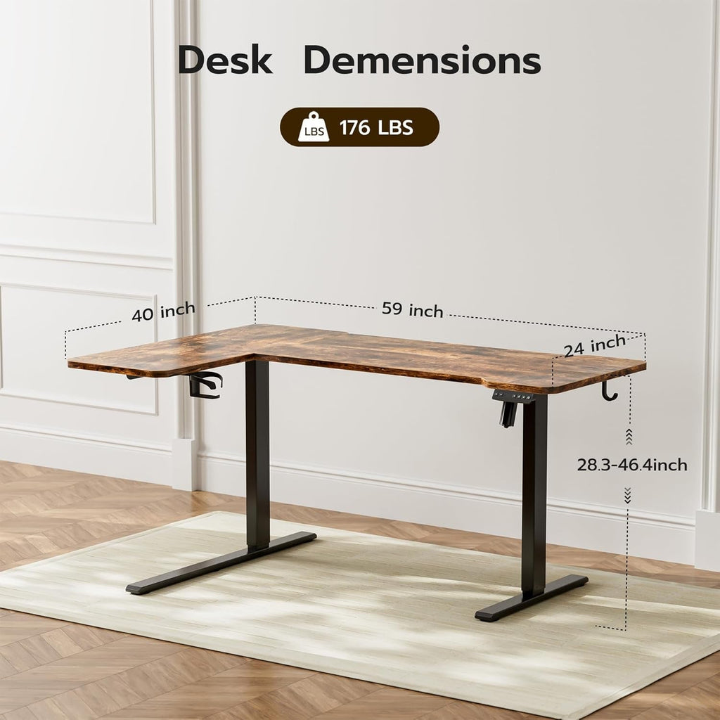 59" Reversiable L-Shaped Electric Standing Desk Adjustable Height Gaming Stand up Corner Desk Sit Stand Home Office Computer Desk with Splice Board,Rustic Brown Top