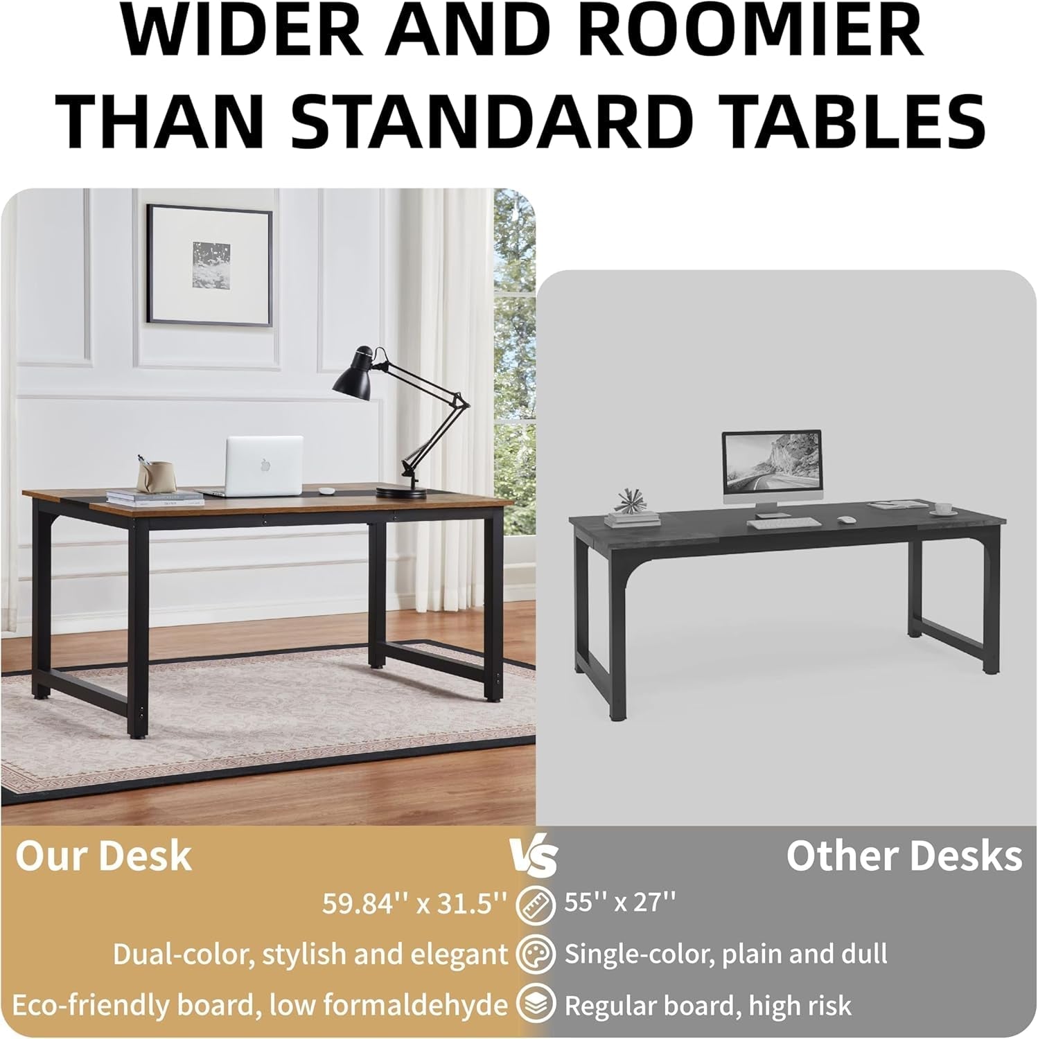 59.8'' Large Computer Desk for Home Office, Gaming, Writing, Study – Modern Wooden Surface with Metal Frame, Rustic Black