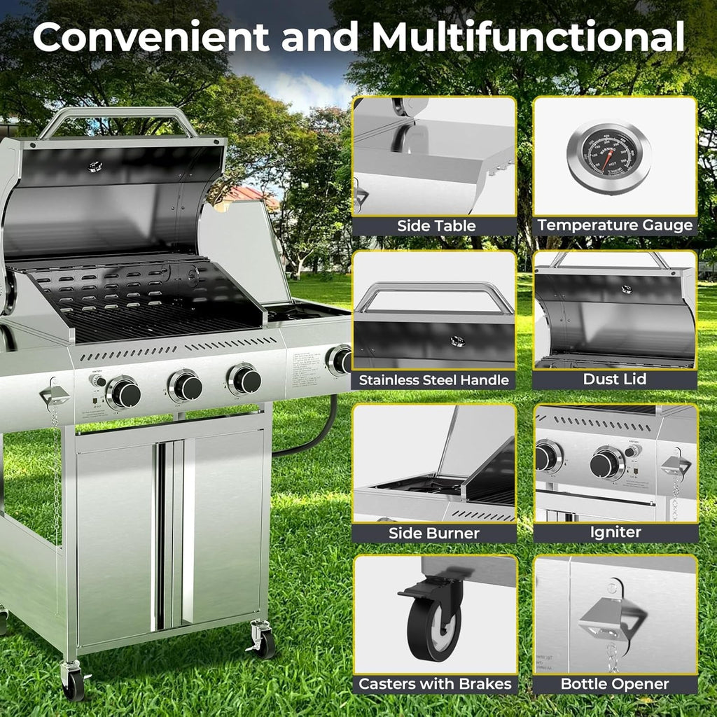3-Burner Propane Gas Grill Stainless Steel Portable