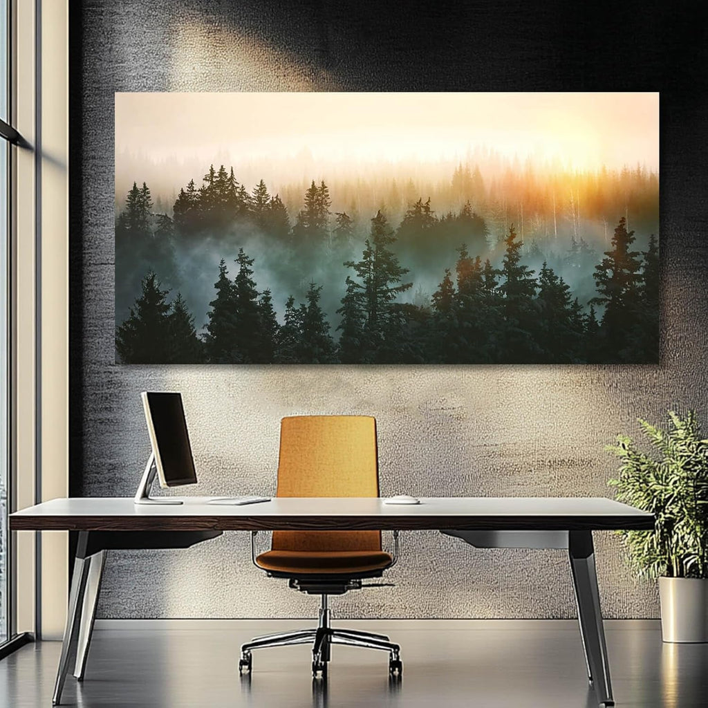Framed Canvas Art Sunrise Forestscape Panoramic 48x24