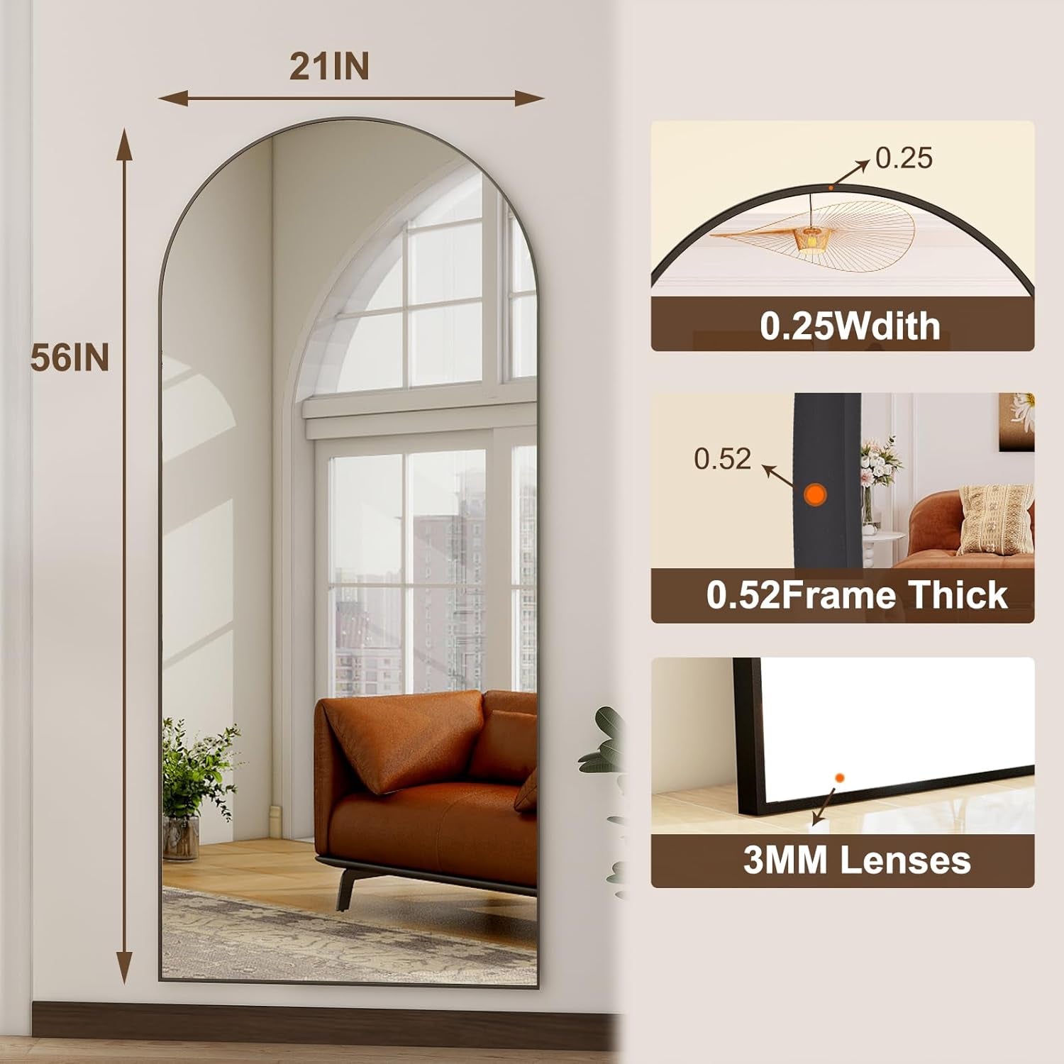 56 Inch Arch Full Length Mirror Black Frame Floor Standing