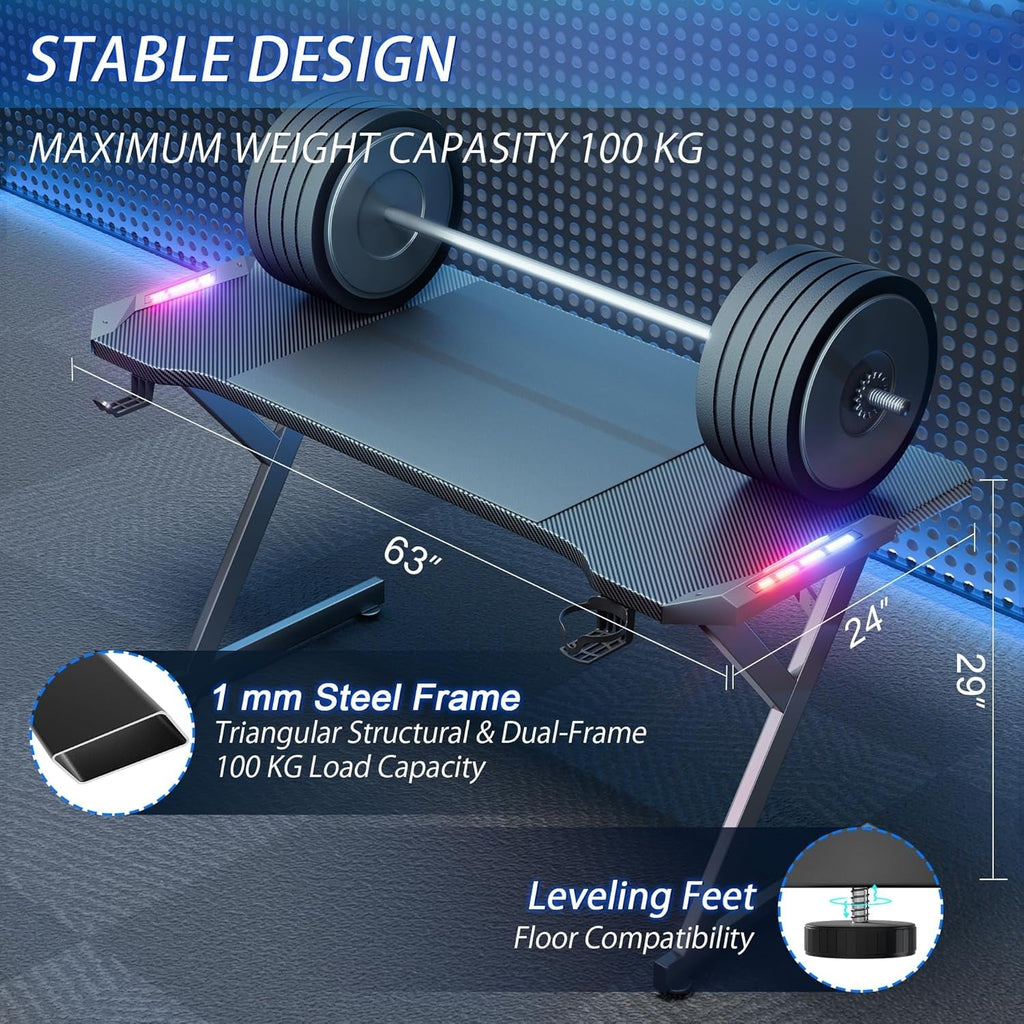 63 Inch Gaming Desk With LED Lights Carbon Fiber Desktop