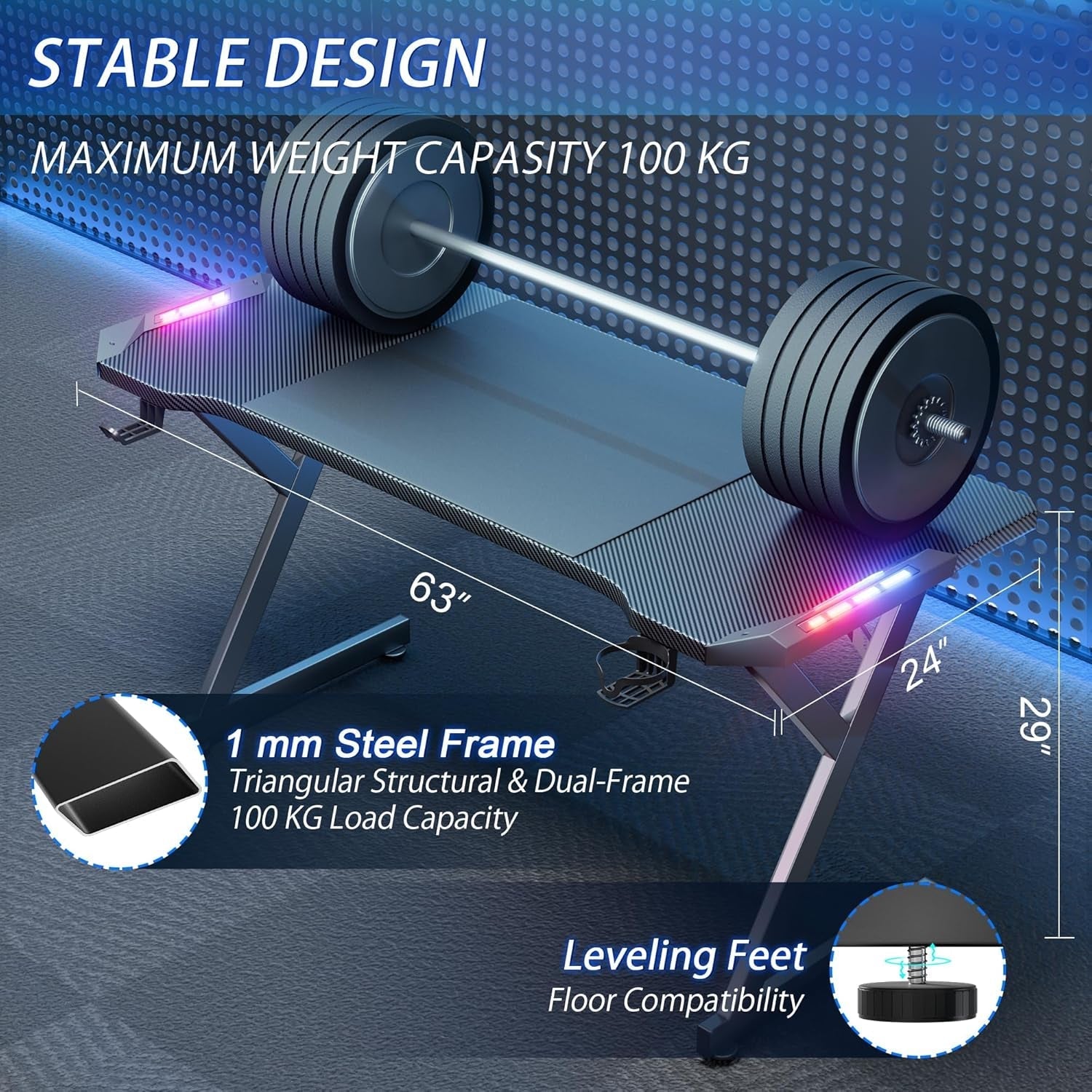 63 Inch Gaming Desk With LED Lights Carbon Fiber Desktop
