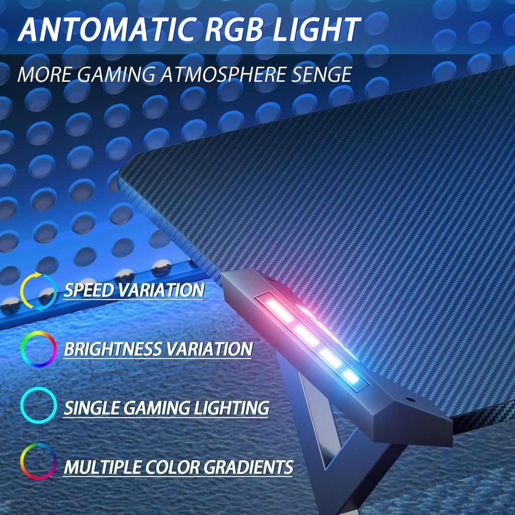 63 Inch Gaming Desk With LED Lights Carbon Fiber Desktop