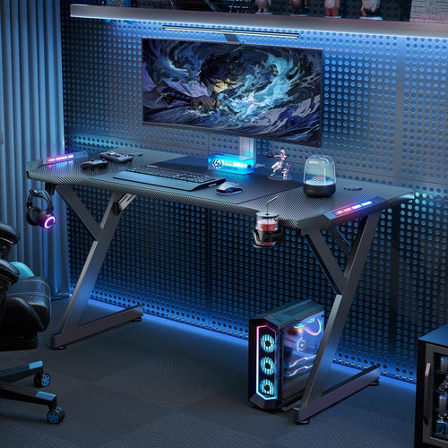 63 Inch Gaming Desk With LED Lights Carbon Fiber Desktop