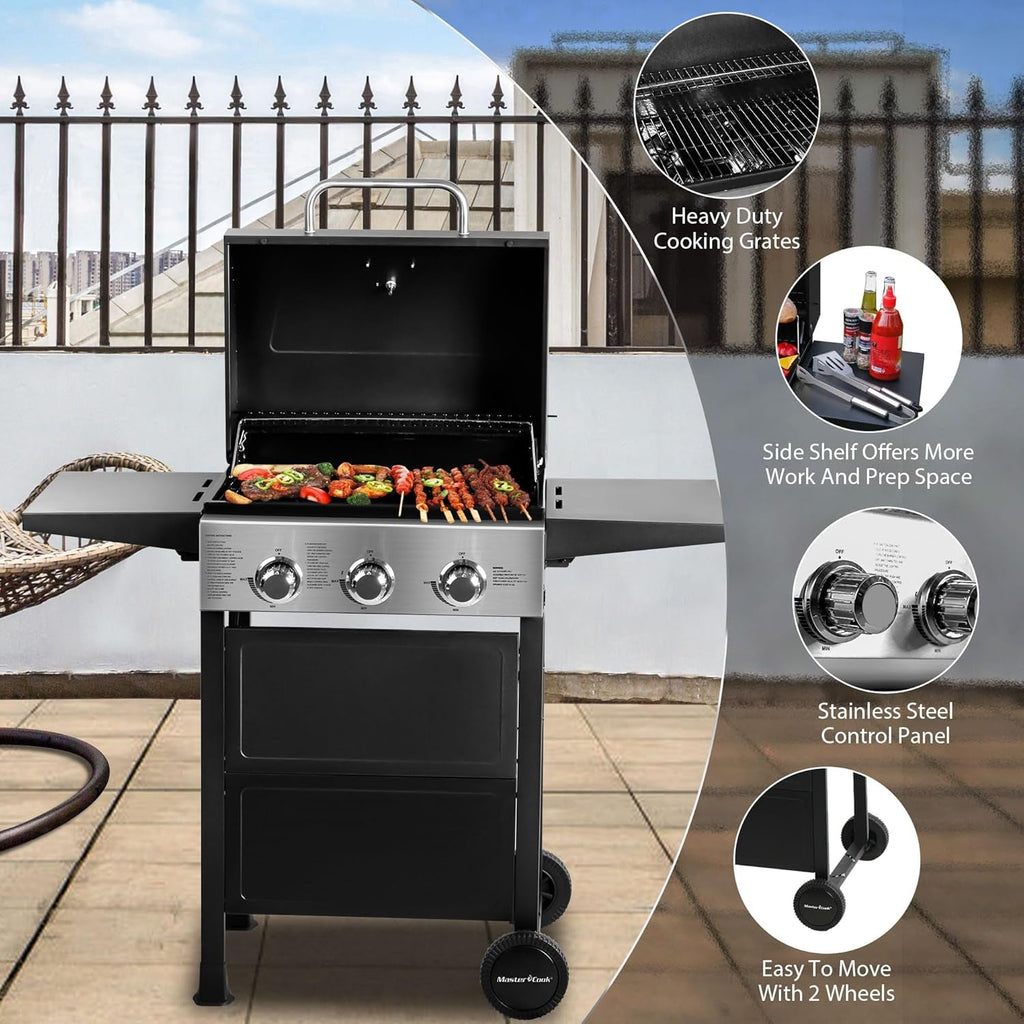 3-Burner Propane Gas Grill With Foldable Side Shelves 30,000 BTU Stainless Steel Outdoor Grill