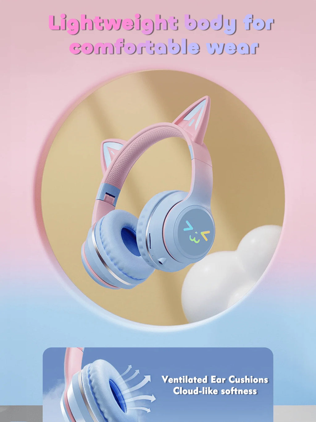 GENAI Wireless Headphones With LED Cat Ear Design, Cute Headset For Girls And Teenagers, Suitable For Music, Gaming, Video And Daily Use