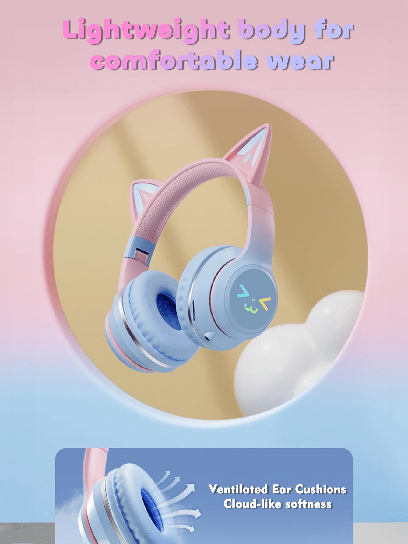 GENAI Wireless Headphones With LED Cat Ear Design, Cute Headset For Girls And Teenagers, Suitable For Music, Gaming, Video And Daily Use