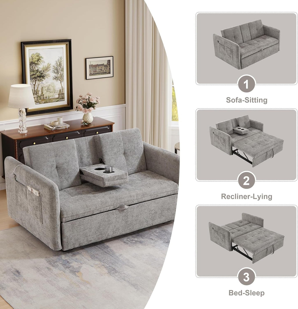 57 Inch Convertible Sofa Bed With USB Charging Ports Grey