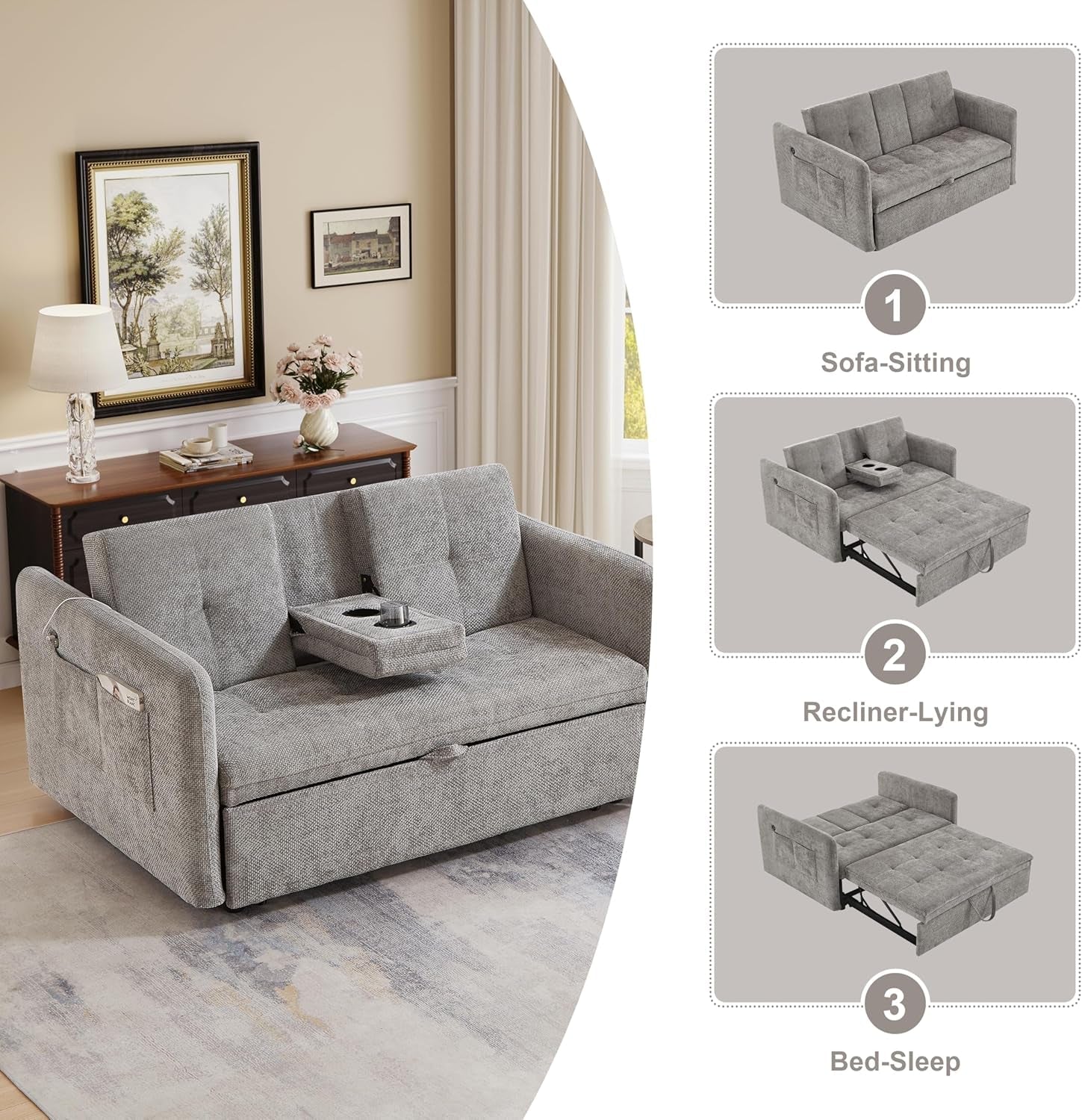 57 Inch Convertible Sofa Bed With USB Charging Ports Grey