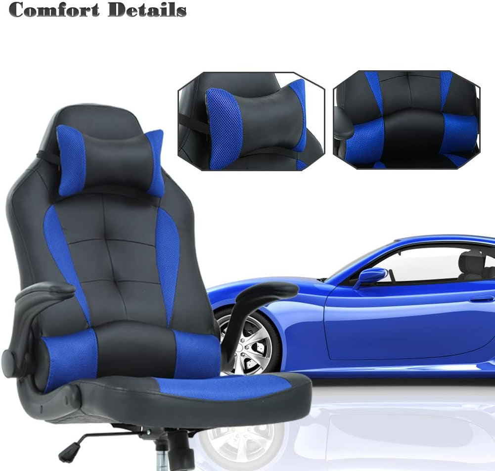 Blue PU Leather Ergonomic Gaming Chair With Lumbar Support
