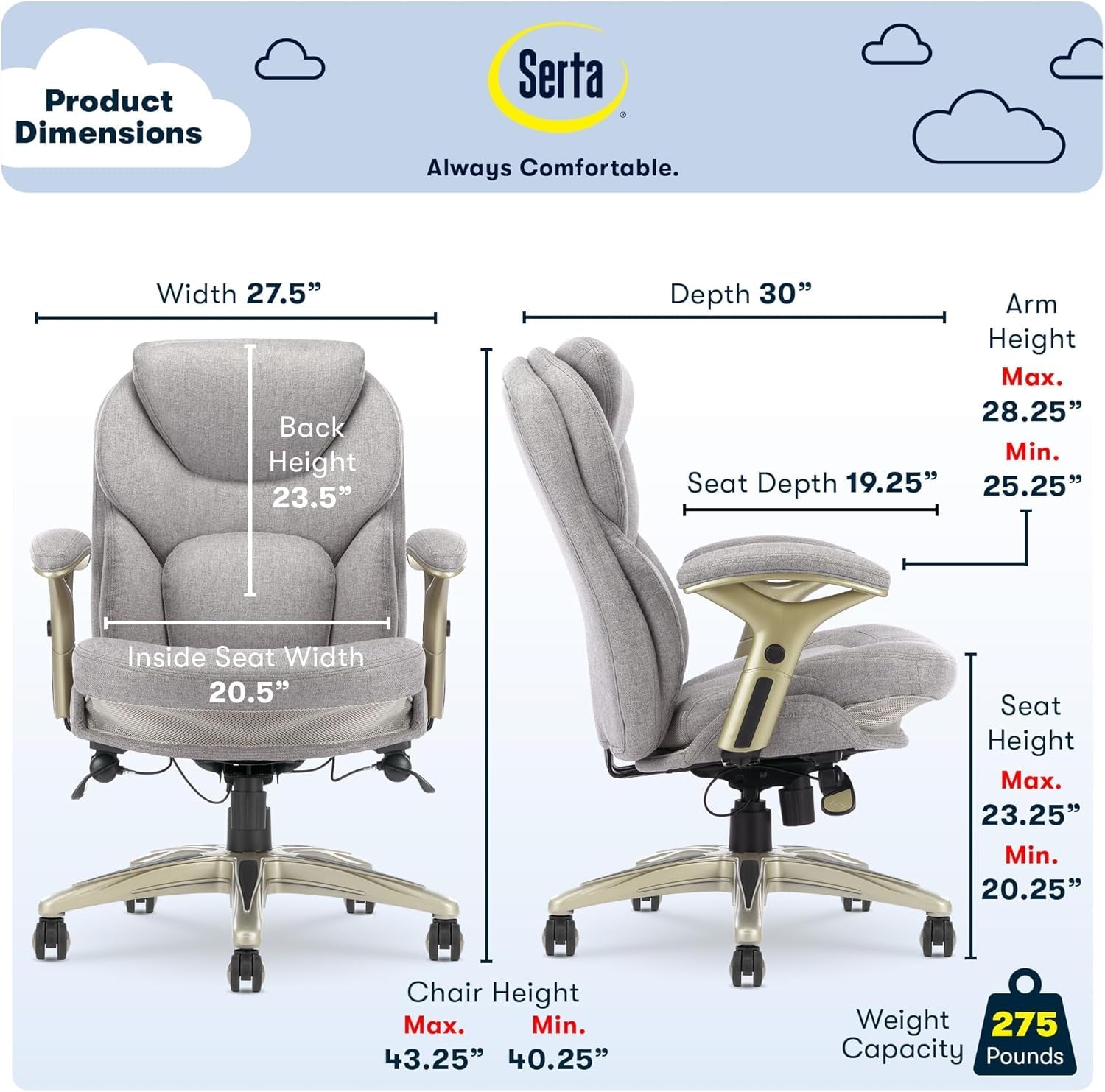 Ergonomic Executive Office Chair Motion Technology Adjustable Mid Back Design with Lumbar Support, Light Gray Fabric