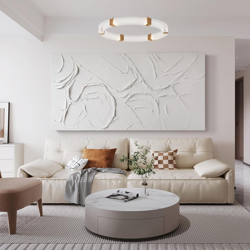 Abstract White Textured Wall Art 58x29 Inches Handmade